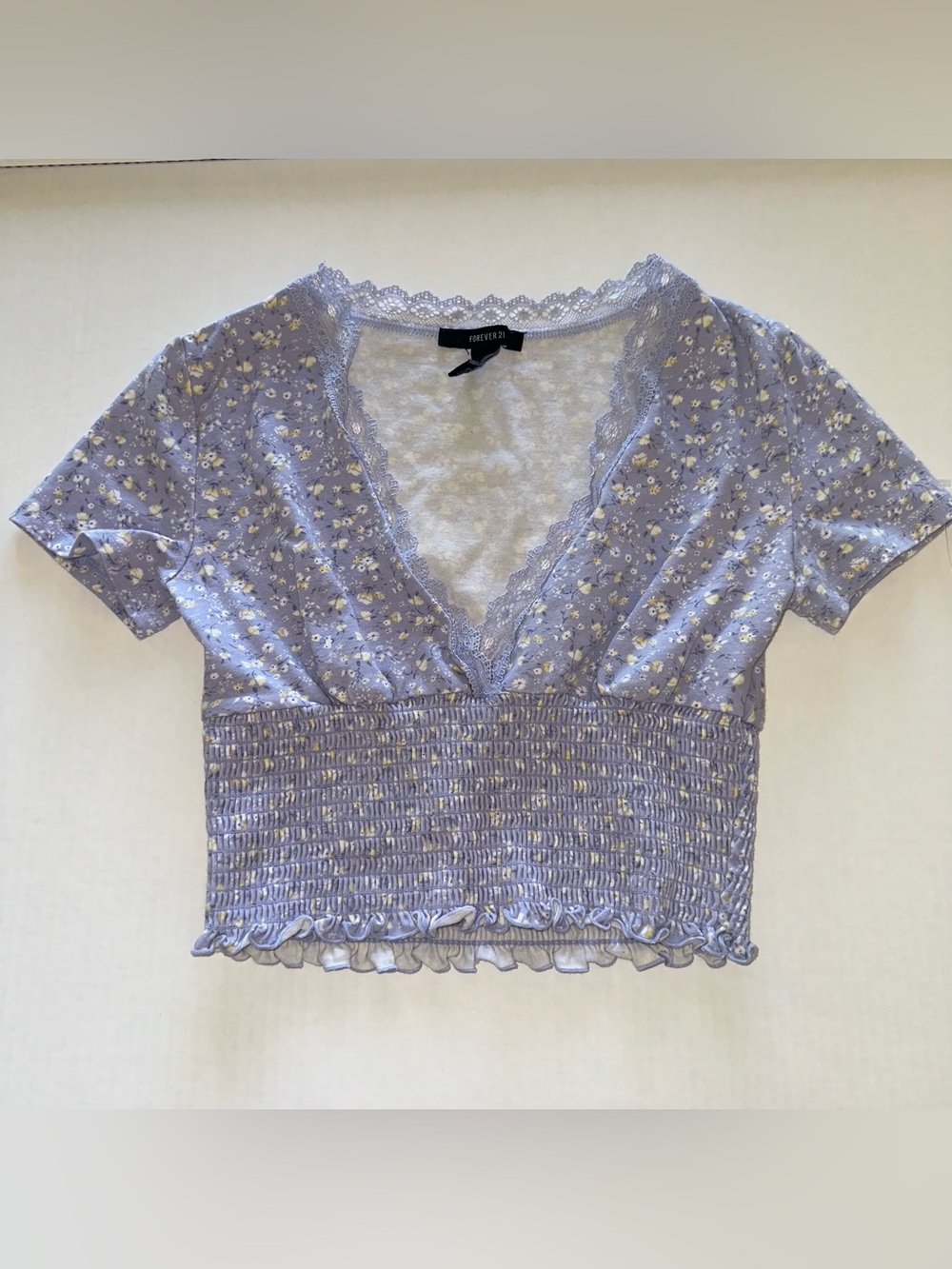 Forever 21 Lavender Floral Lace-Trim Smocked Crop Top